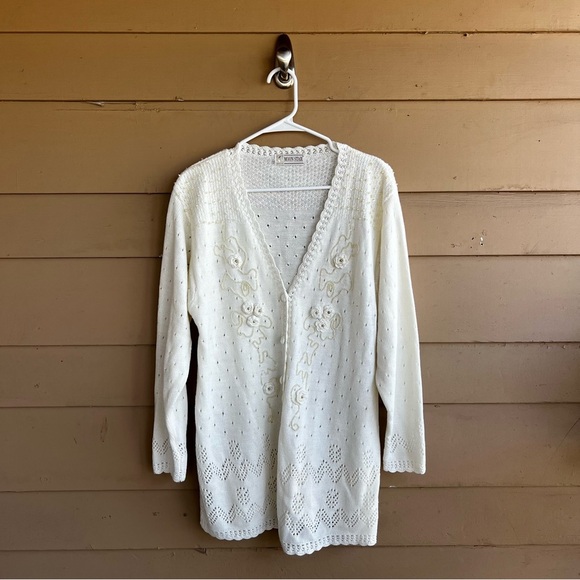 Moonstar Cream Floral Knitted Duster Cardigan - SZ L - Picture 1 of 8